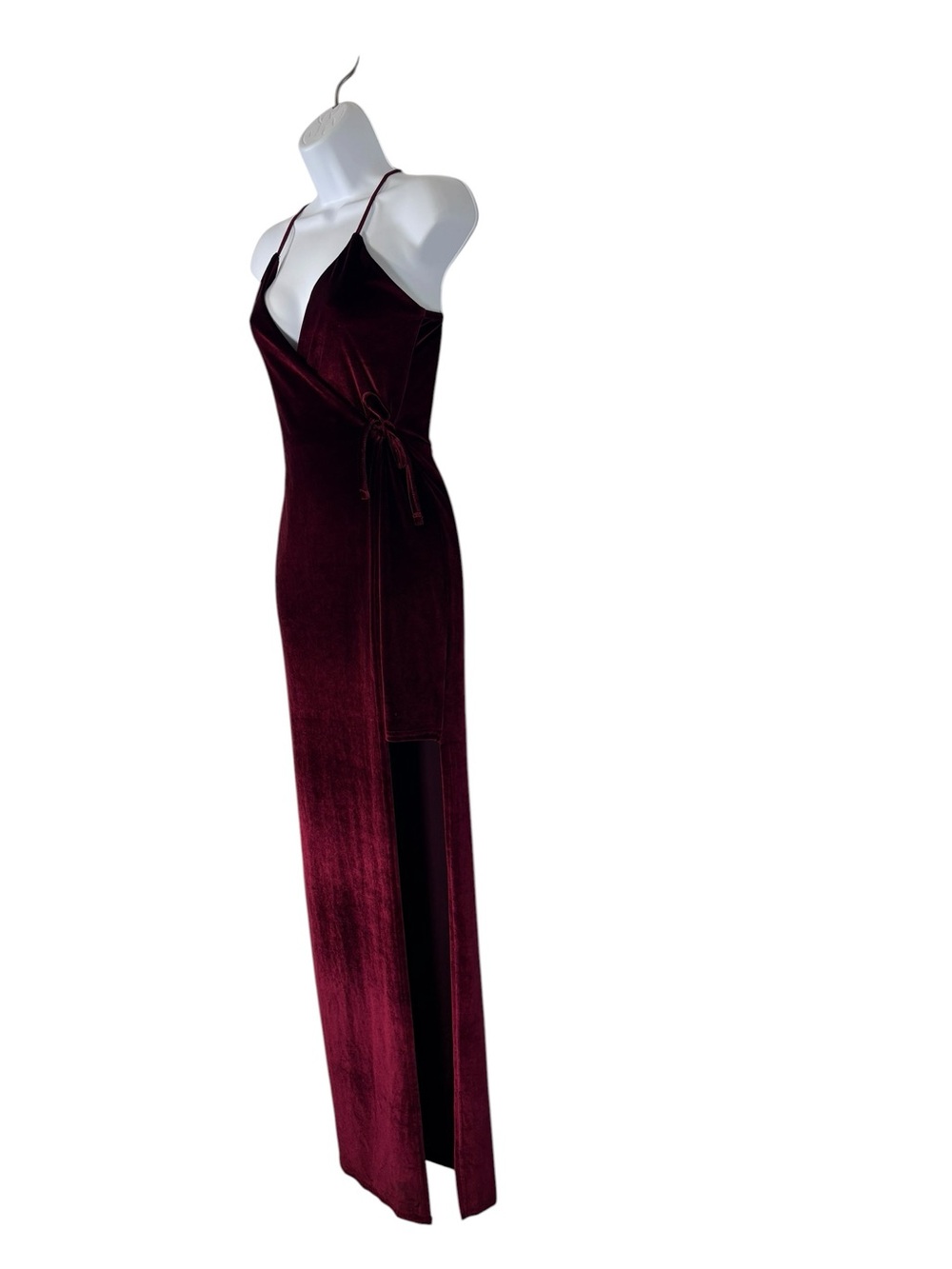 Missguided Burgundy Velvet Faux Wrap Maxi Dress High Slit Spaghetti Strap US 4 - Picture 3 of 13